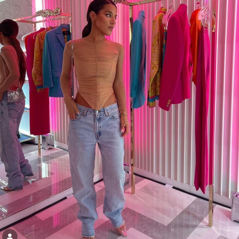 EFFIE KATS SUZU BODICE & MAYA MESH Tan Long Sleeve Ruched Top